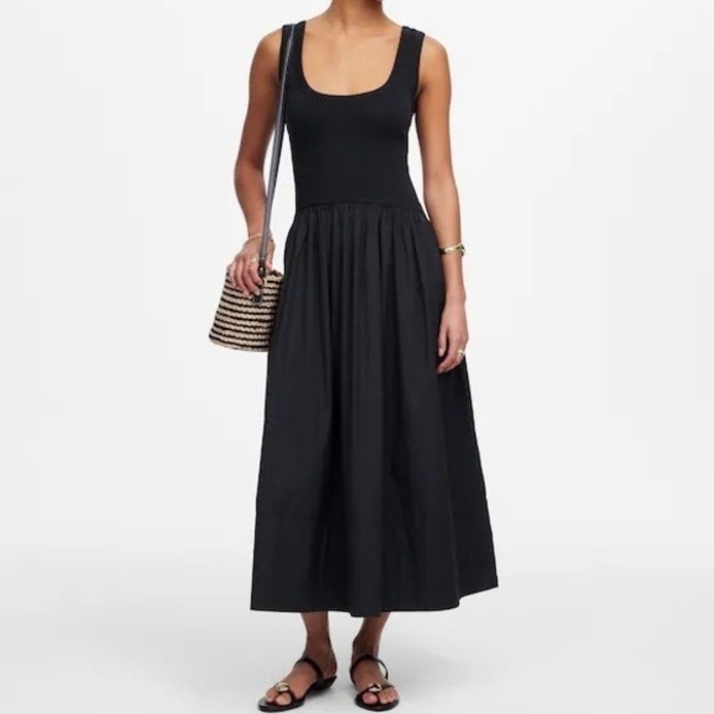 NWT Madewell Women's XXS Black Mixed Poplin Scoopneck Maxi Dress